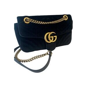 Gucci GG Marmont Black Velvet Matelassé Medium Shoulder Bag Gold Chain